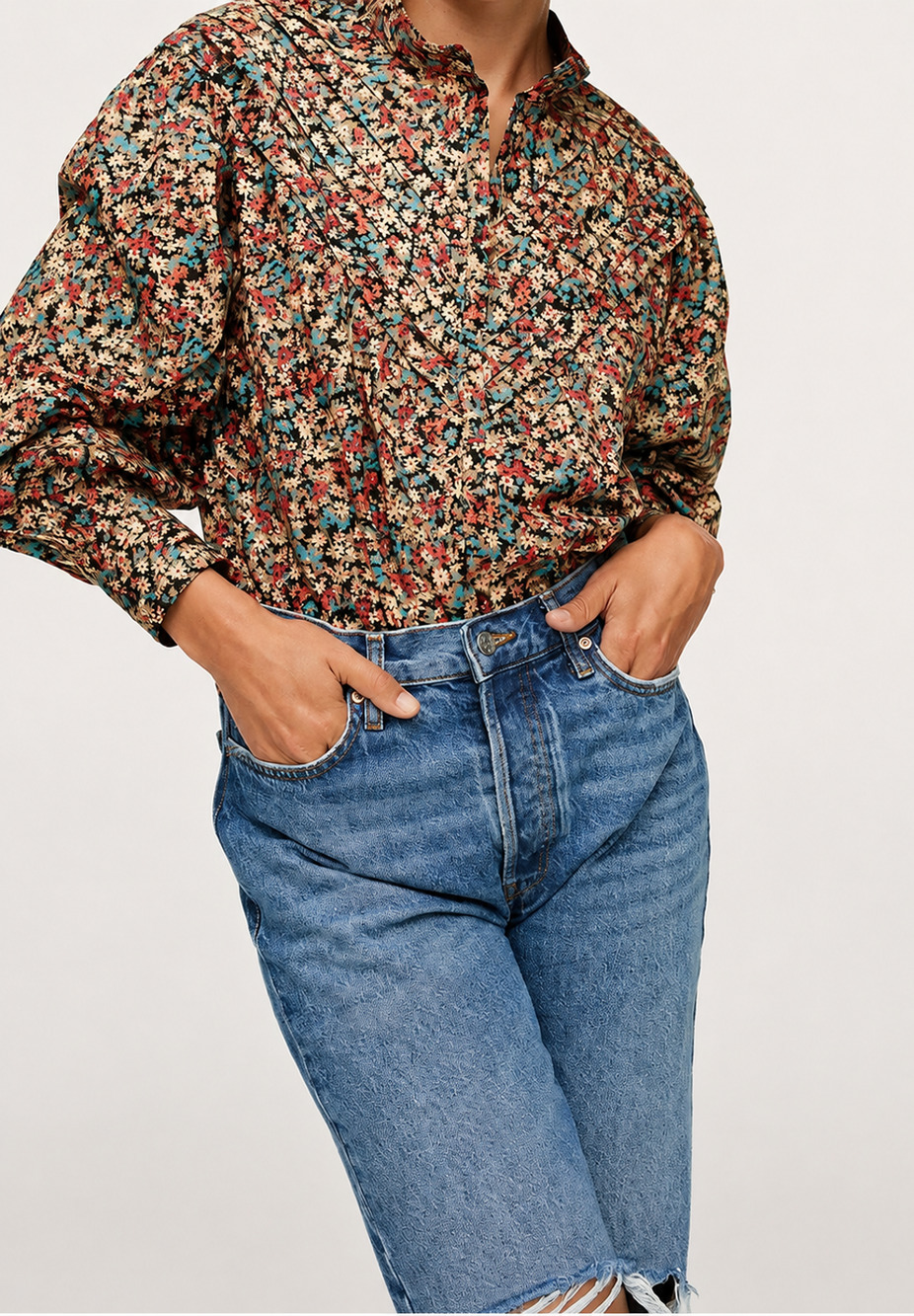 Mango Floral Pintuck Blouse Long Sleeve Multicolor Size US 8 / EU L